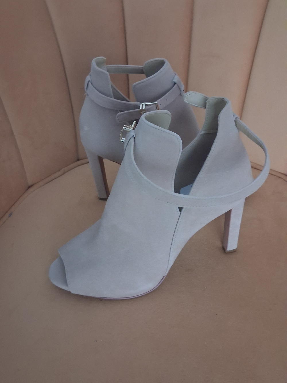 Michael Kors Taupe Suede Peep-Toe Ankle Strap Heels - Picture 4 of 4